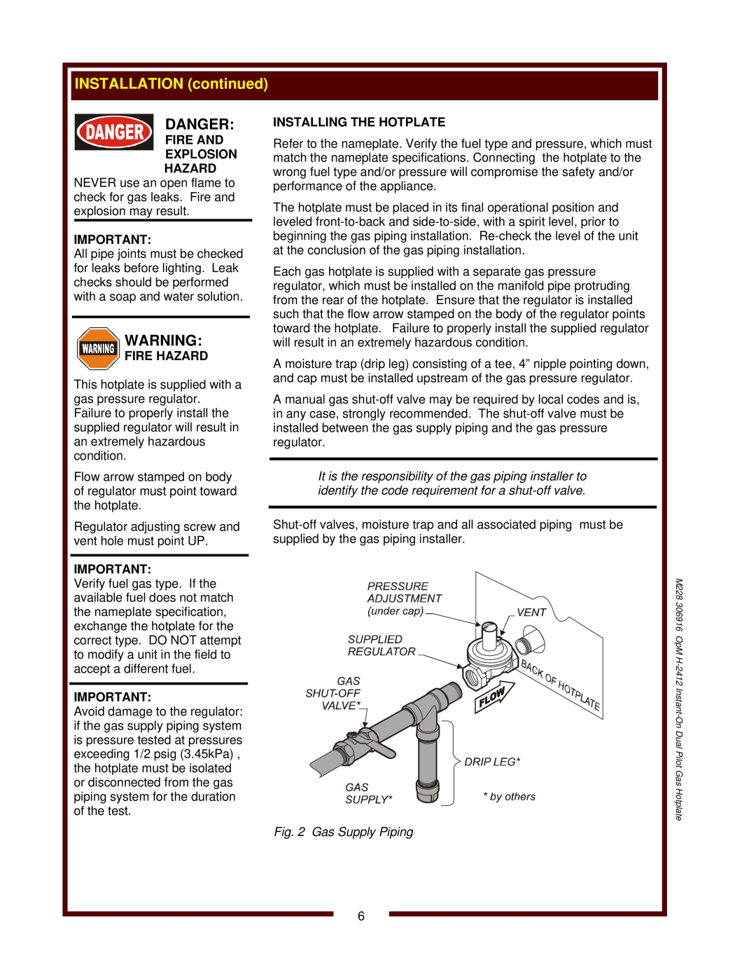 Wells H-2412G operation manual Danger, Fire And Explosion Hazard, Fire Hazard, Gas Supply Piping 