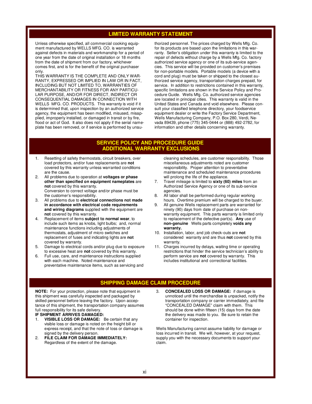 Wells H-65, H-33, H-70, H-63, H-115 operation manual Limited Warranty Statement 