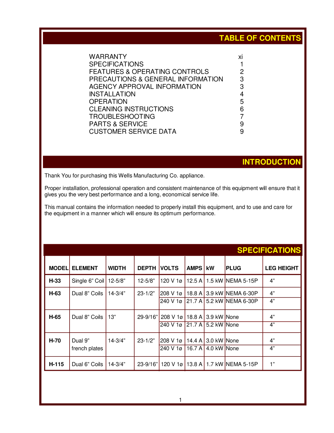 Wells H-63, H-33, H-70, H-65, H-115 operation manual Table of Contents, Introduction, Specifications 