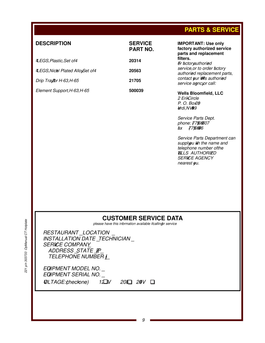 Wells H-70, H-33, H-65, H-63, H-115 operation manual Wells Bloomfield, LLC 