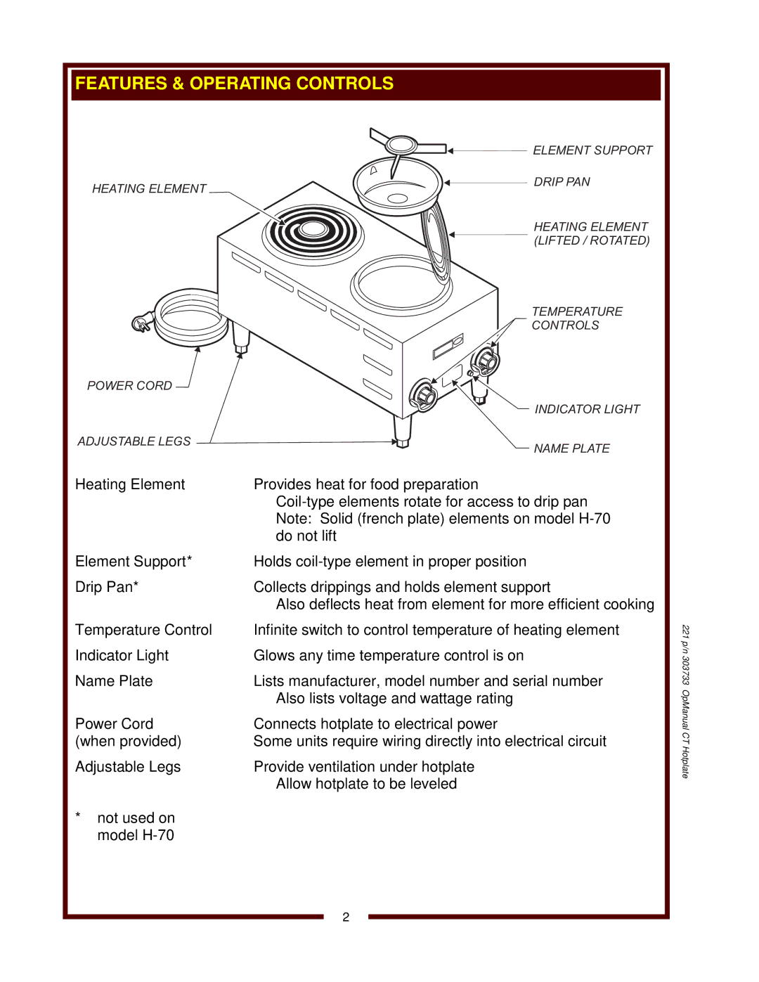 Wells H-115, H-33, H-70, H-65, H-63 operation manual 221 p/n 303733 OpManual CT Hotplate 