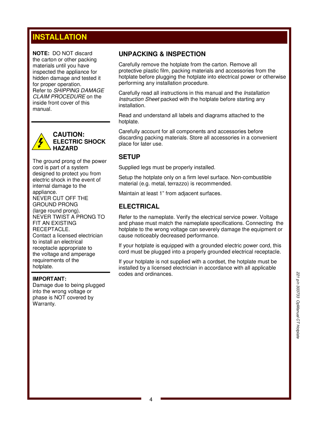 Wells H-70, H-33, H-65, H-63, H-115 operation manual 221 p/n 303733 OpManual CT Hotplate 