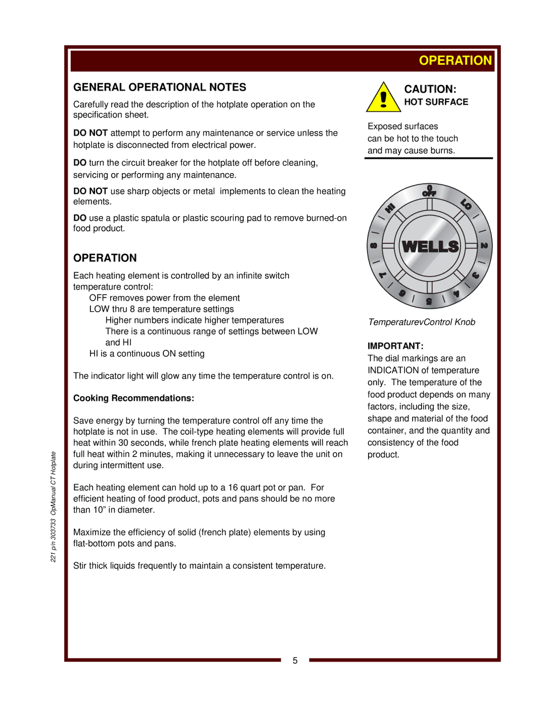 Wells H-65, H-33, H-70, H-63, H-115 operation manual Off 