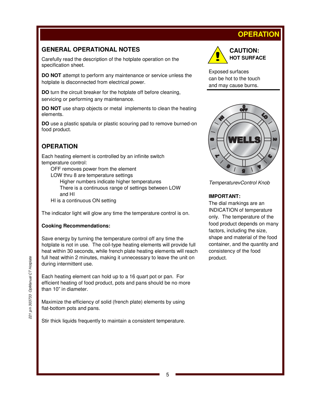 Wells H-65, H-33, H-70, H-63, H-115 operation manual 0 OFF, 221 p/n 303733 OpManual CT Hotplate 