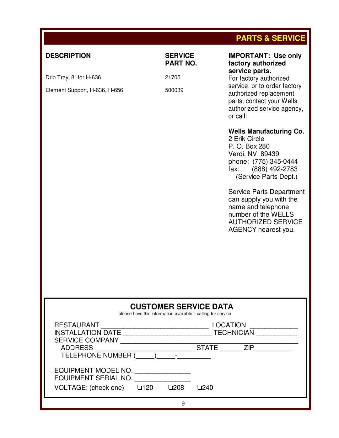 Wells H-636, H-706, H-336 Parts & Service, Description Service, Important Use only factory authorized service parts 