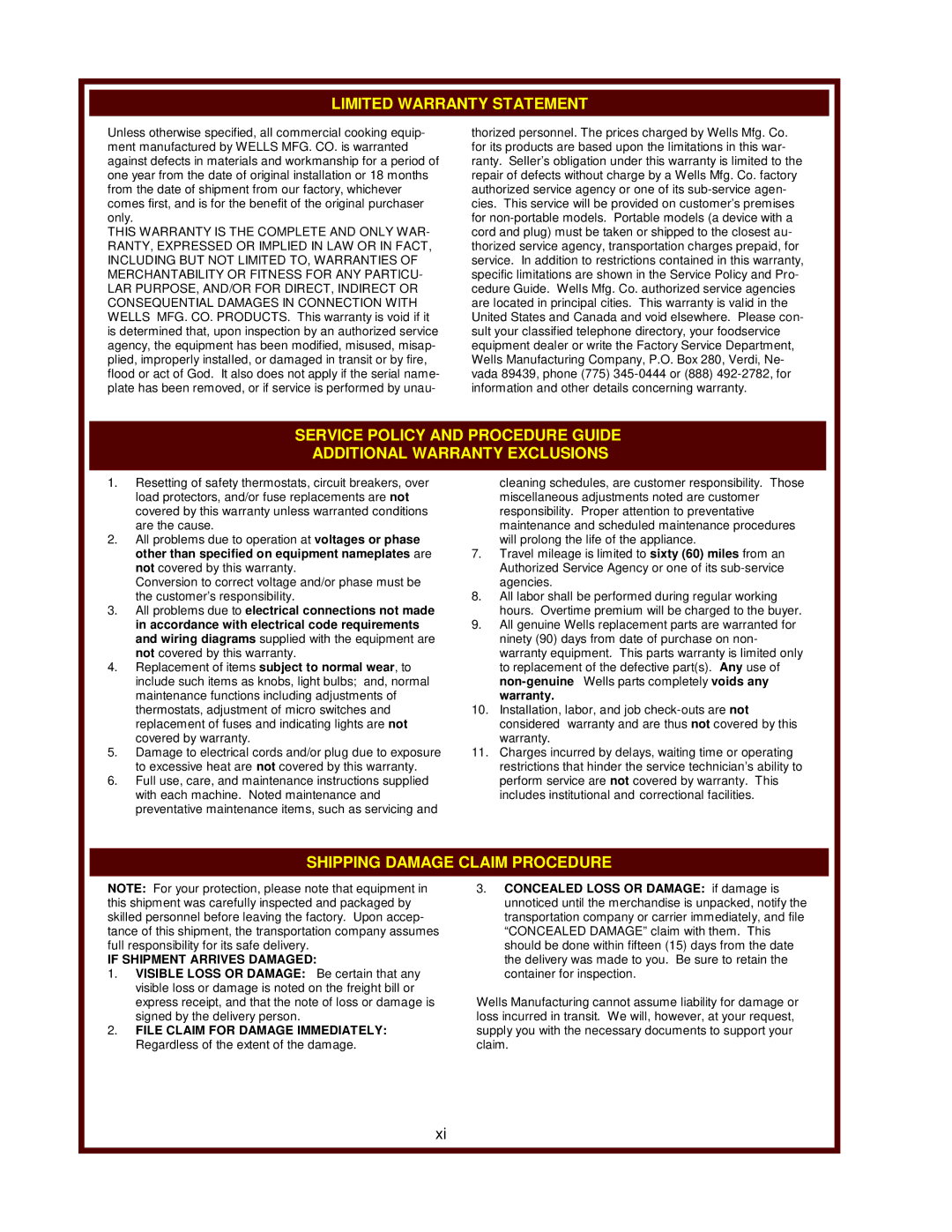 Wells H-636, H-706, H-336 operation manual Limited Warranty Statement 