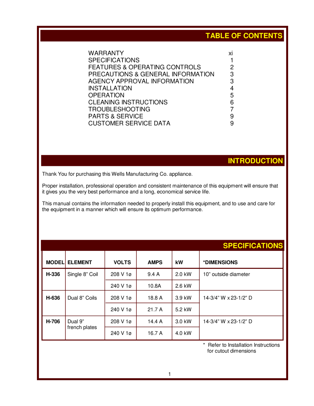 Wells H-706, H-336, H-636 operation manual Table of Contents, Introduction 