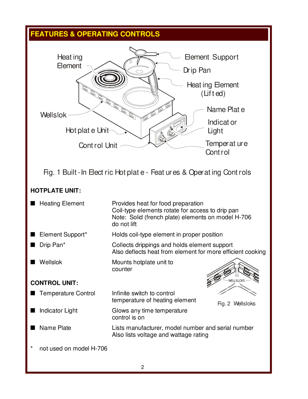 Wells H-336, H-706, H-636 operation manual Features & Operating Controls, Hotplate Unit, Control Unit 