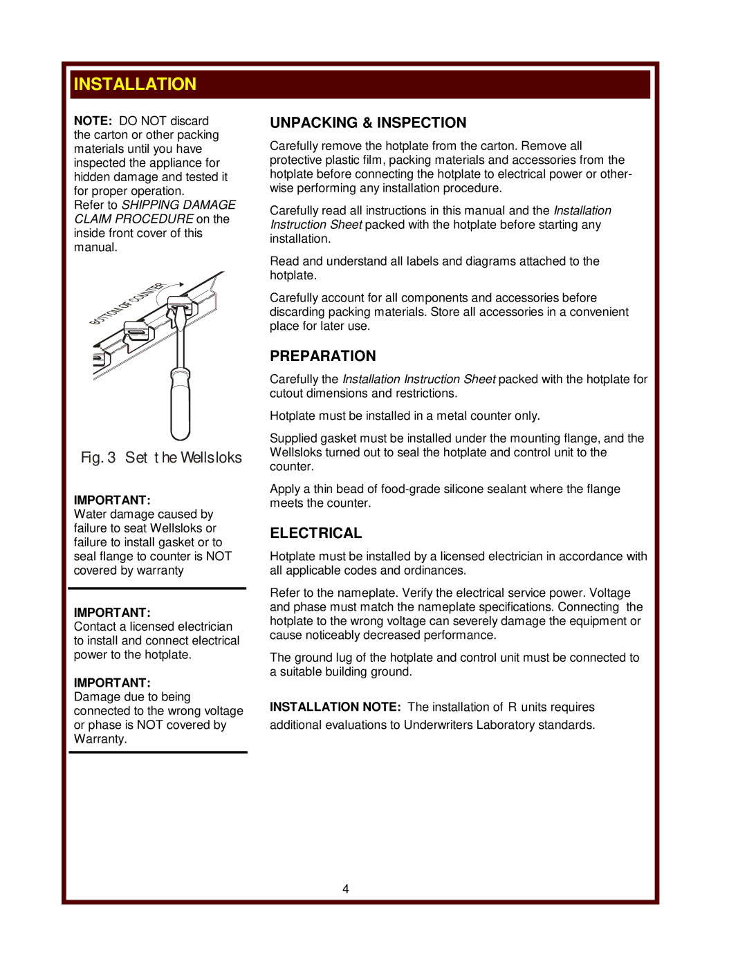 Wells H-706, H-336, H-636 operation manual Installation, Unpacking & Inspection, Preparation, Electrical 