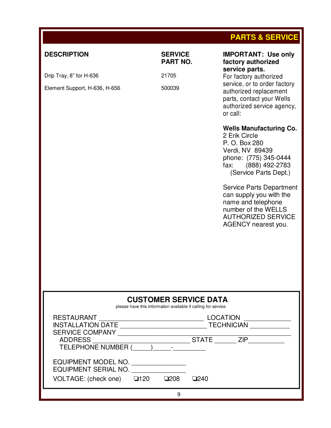 Wells H-636, H-706, H-336 operation manual Parts & Service, Customer Service Data, Description, Wells Manufacturing Co 