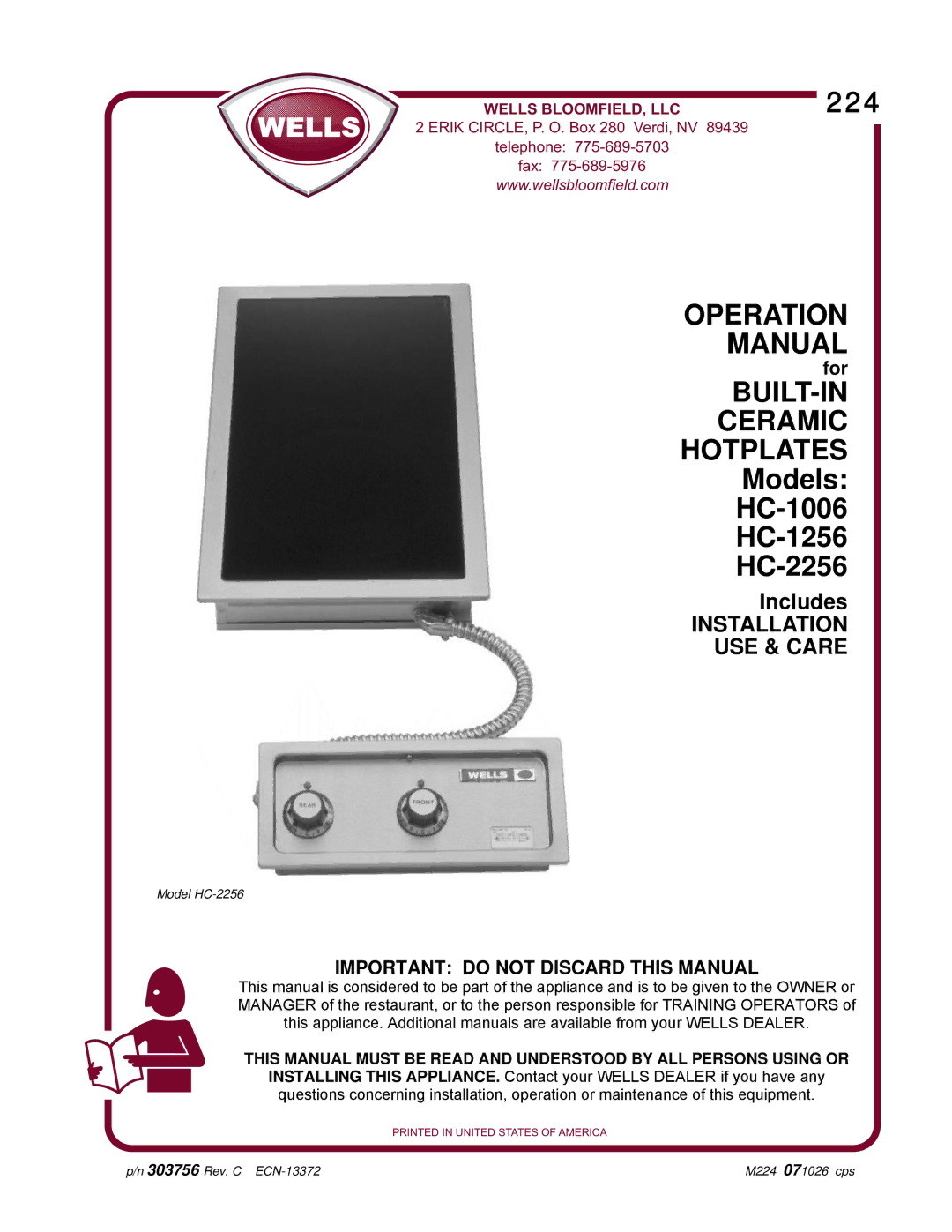 Wells HC-1006 operation manual Operation Manual 