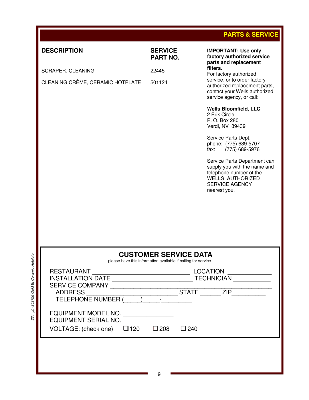 Wells HC-1006 operation manual Parts & Service, Wells Bloomfield, LLC 