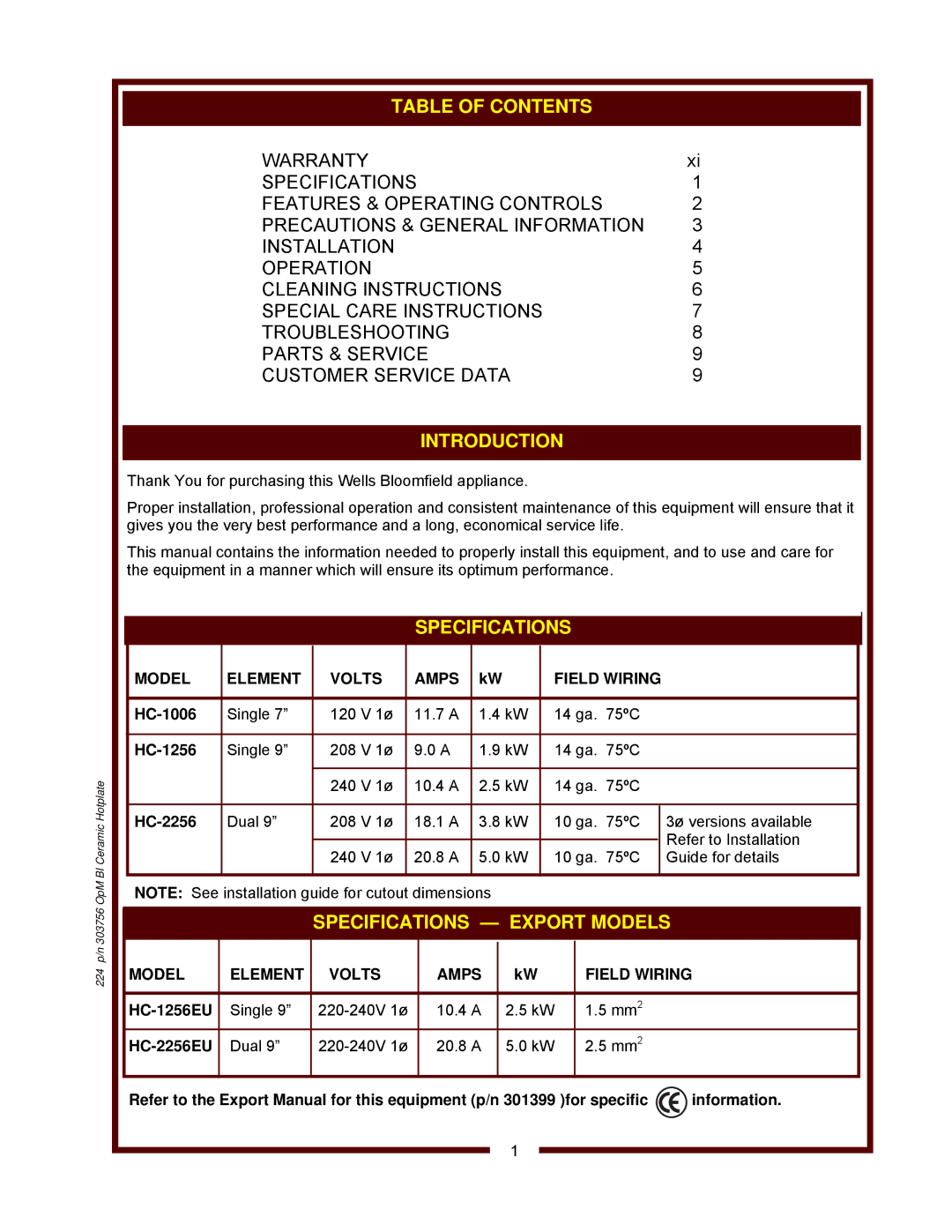 Wells HC-1006 operation manual Introduction 