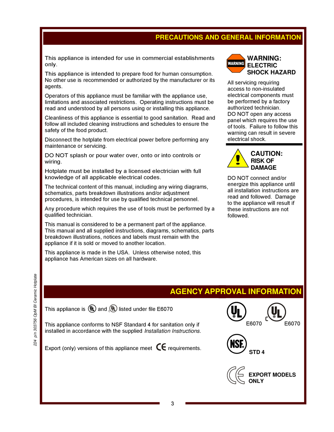 Wells HC-1006 operation manual Std Export Models Only, Agency Approval Information, 224 p/n 303756 OpM BI Ceramic Hotplate 