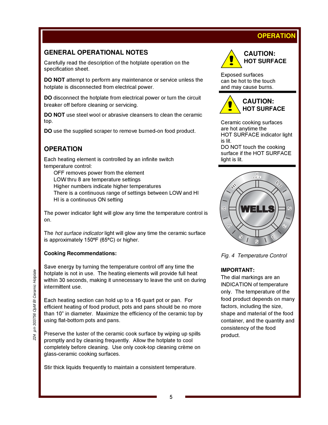 Wells HC-1006 operation manual 0 OFF, 224 p/n 303756 OpM BI Ceramic Hotplate 