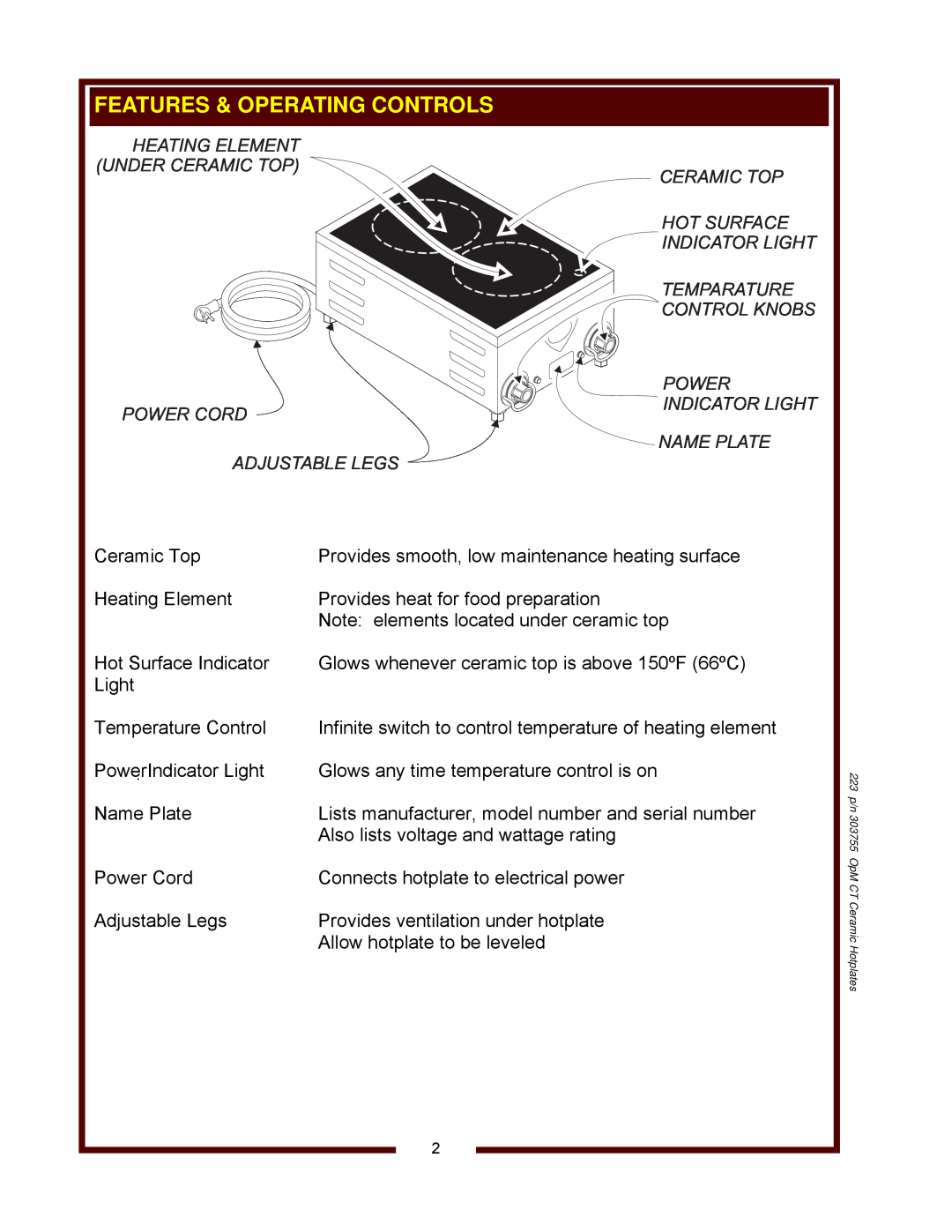Wells HC-100, HC-125, HC-225 Heating Element Under Ceramic Top Power Cord Adjustable Legs, Power Indicator Light Name Plate 