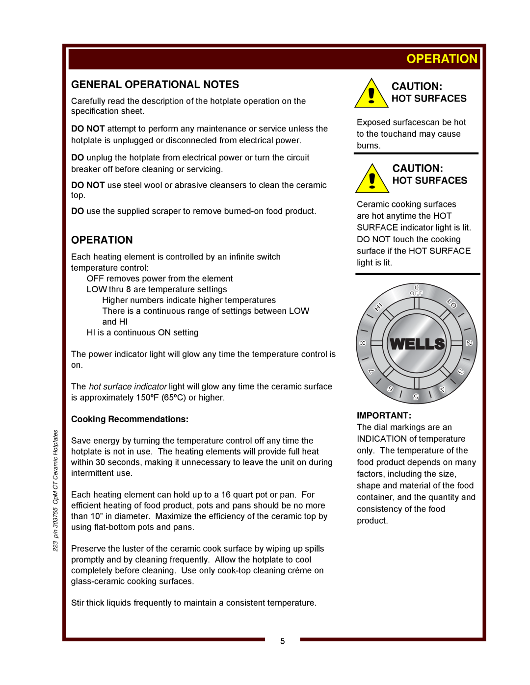 Wells HC-100, HC-125, HC-225 operation manual 0 OFF, 223 p/n 303755 OpM CT Ceramic Hotplates 