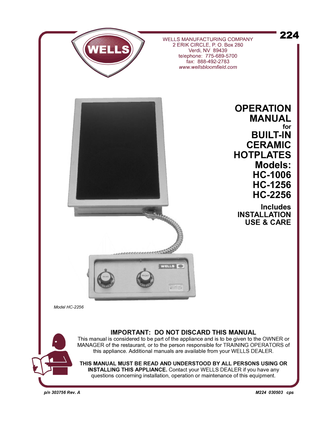 Wells HC-1256, HC-2256 operation manual BUILT-IN Ceramic Hotplates, Important do not Discard this Manual 