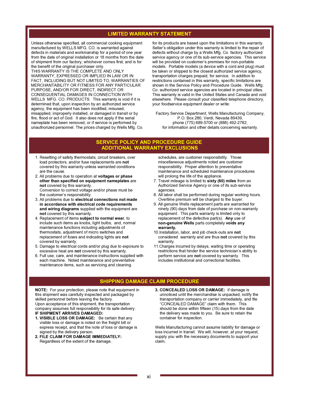 Wells HC-1006, HC-1256, HC2256, HC-2256 operation manual Limited Warranty Statement 