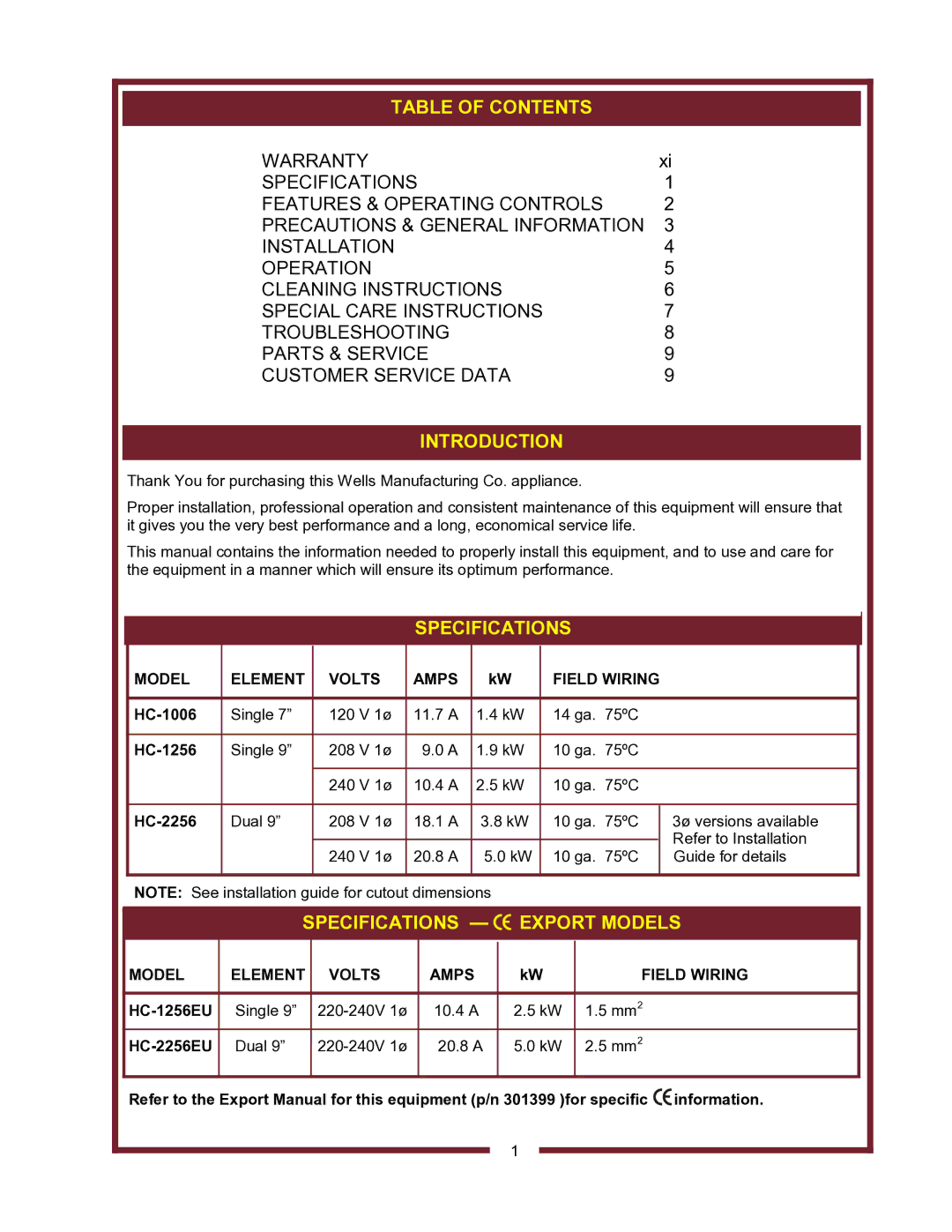 Wells HC-2256, HC-1006, HC-1256, HC2256 Table of Contents, Introduction, Specifications Export Models 