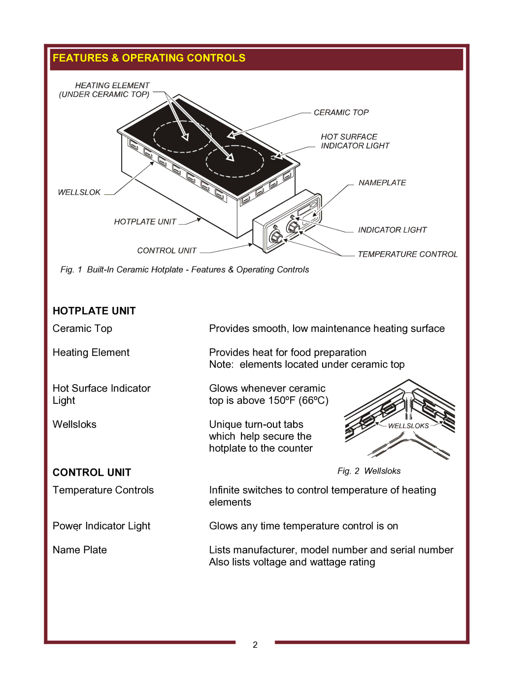 Wells HC-2256, HC-1006, HC-1256, HC2256 operation manual Features & Operating Controls, Hotplate Unit, Control Unit 