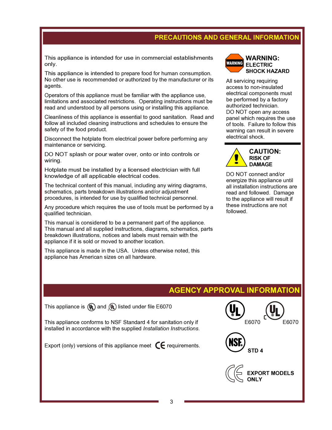 Wells HC-1006, HC-1256, HC2256, HC-2256 Precautions and General Information, Electric Shock Hazard, Risk Damage 