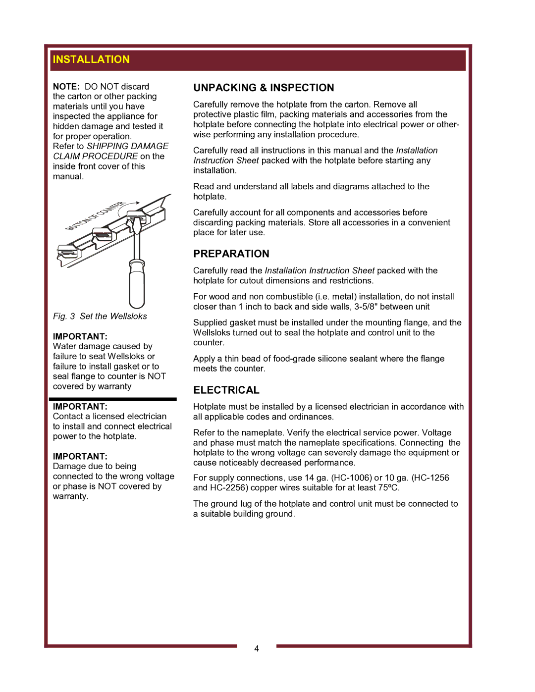 Wells HC-2256, HC-1006, HC-1256, HC2256 operation manual Installation, Unpacking & Inspection, Preparation, Electrical 