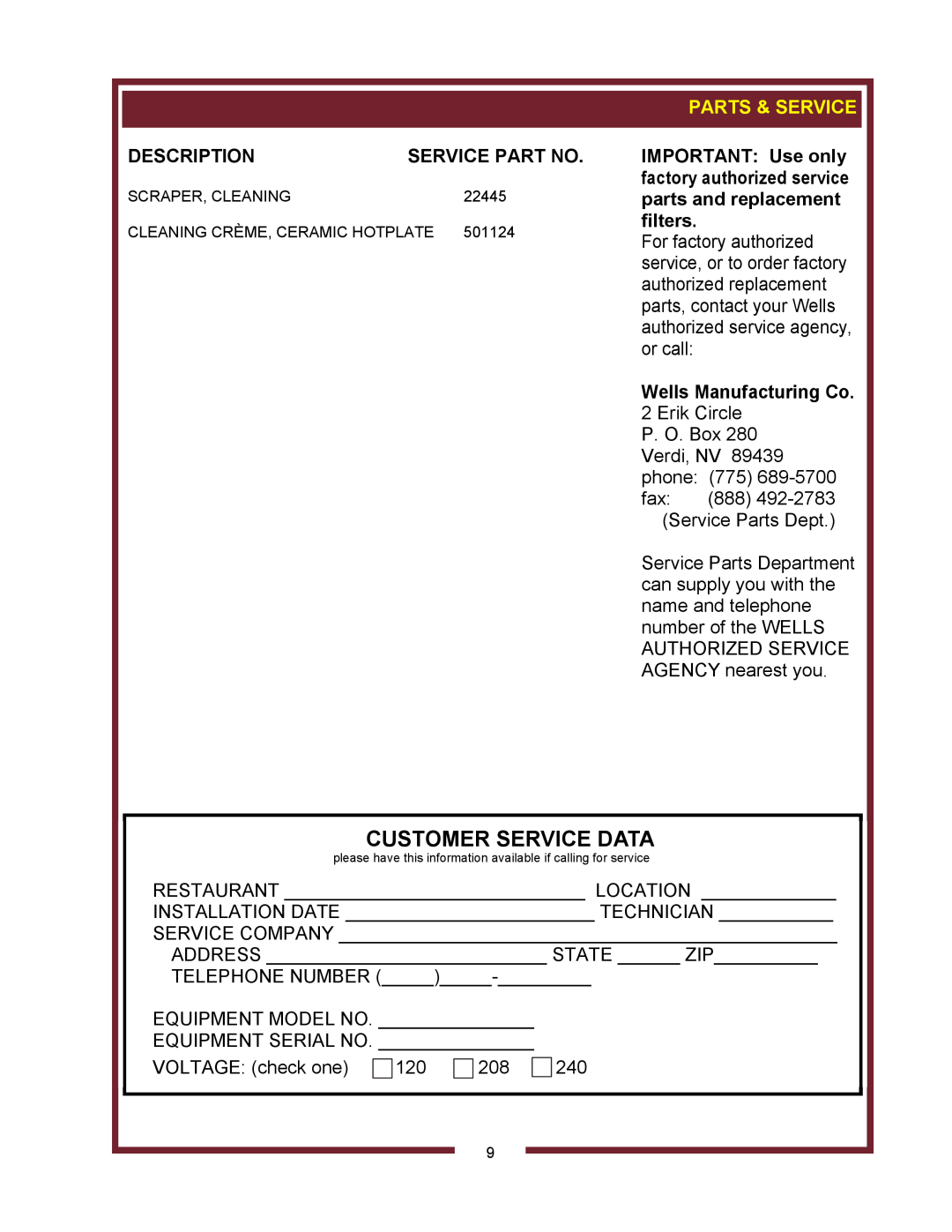 Wells HC-1006, HC-1256, HC2256, HC-2256 Customer Service Data, Description, Service Part No, Parts & Service 