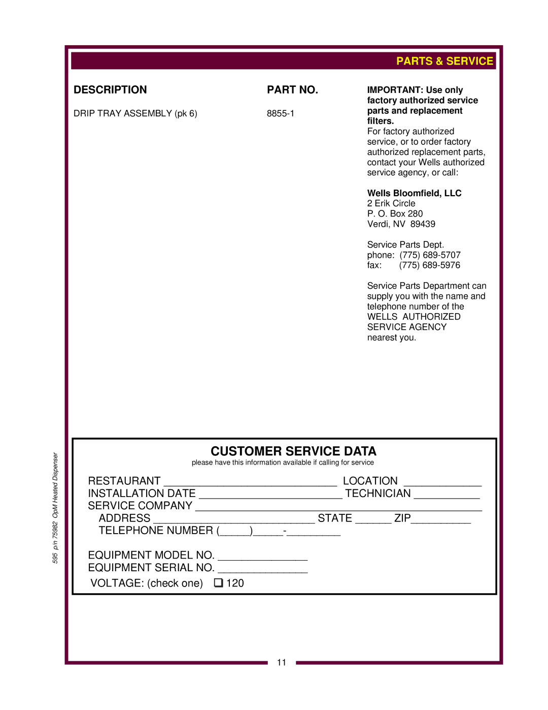 Wells HD8802, HD8799 owner manual Parts & Service, Wells Bloomfield, LLC 