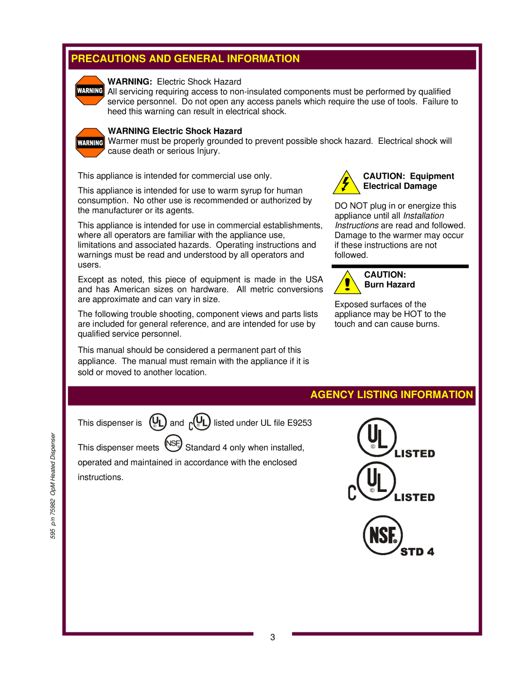 Wells HD8802, HD8799 owner manual Agency Listing Information 