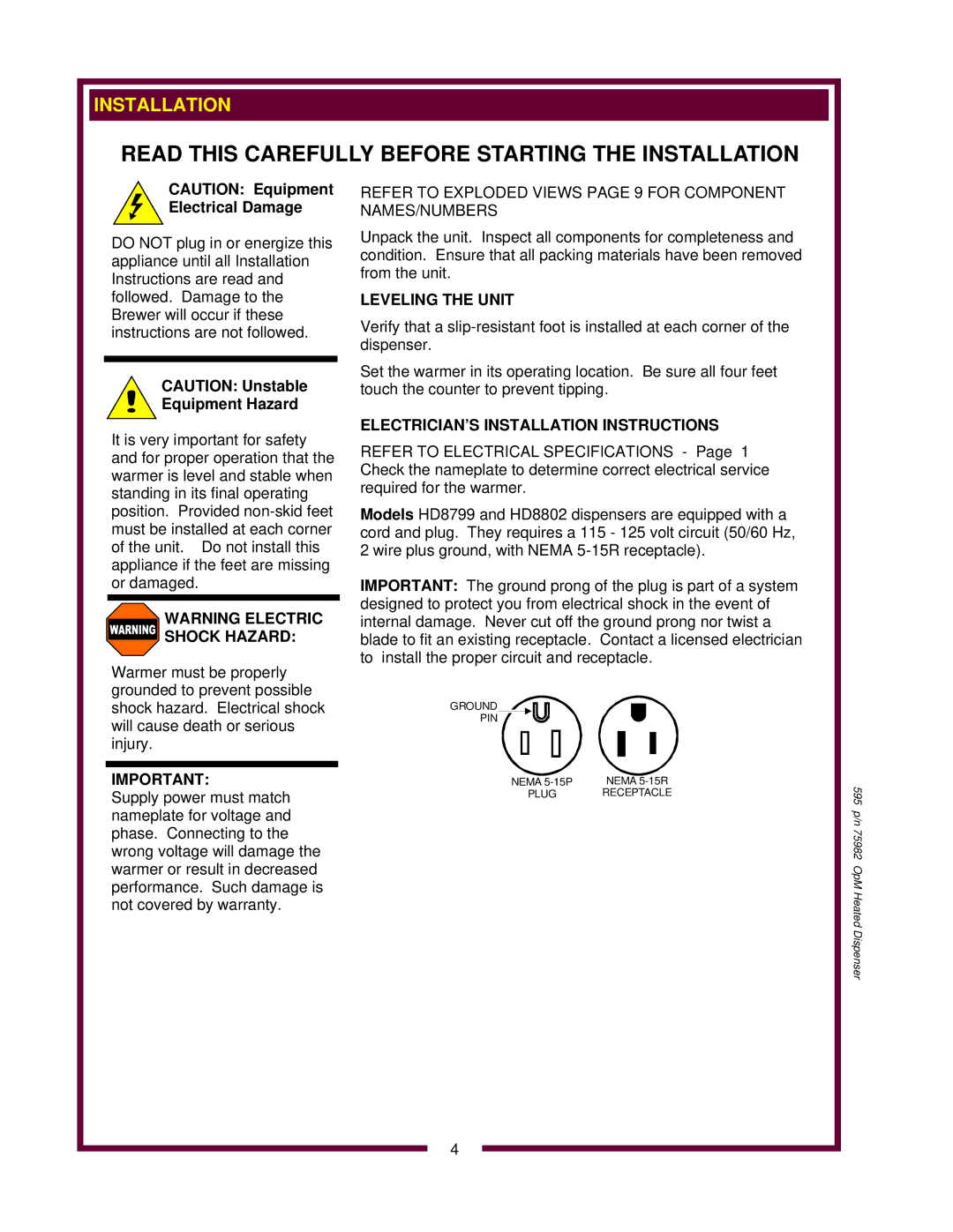 Wells HD8799, HD8802 Electrical Damage, Equipment Hazard, Leveling the Unit, ELECTRICIAN’S Installation Instructions 