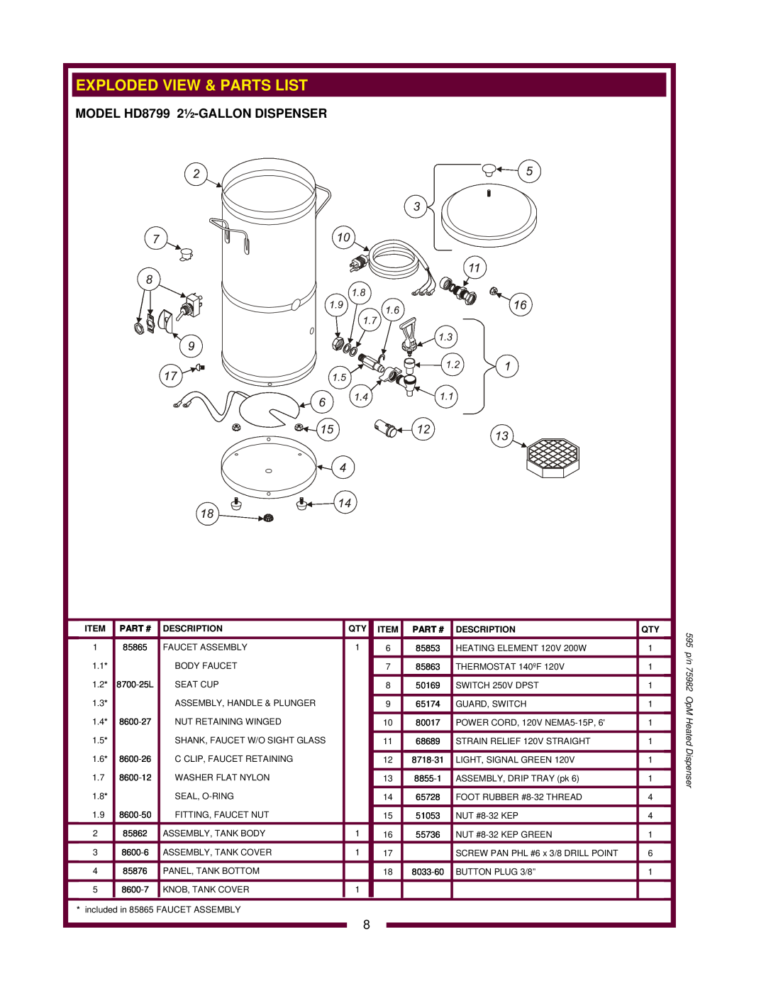 Wells HD8799, HD8802 owner manual Exploded View & Parts List, Part #, Description, 595 p/n 75982 OpM Heated Dispenser 