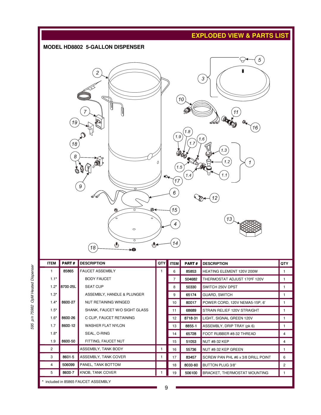 Wells HD8802, HD8799 owner manual Exploded View & Parts List, 595 p/n 75982 OpM Heated Dispenser 