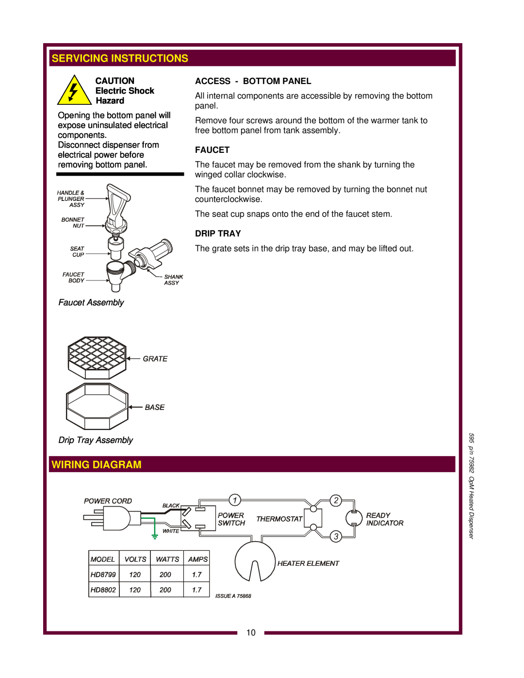 Wells HD8799, HD8802 Servicing Instructions, Wiring Diagram, Faucet Assembly Drip Tray Assembly, Electric Shock Hazard 