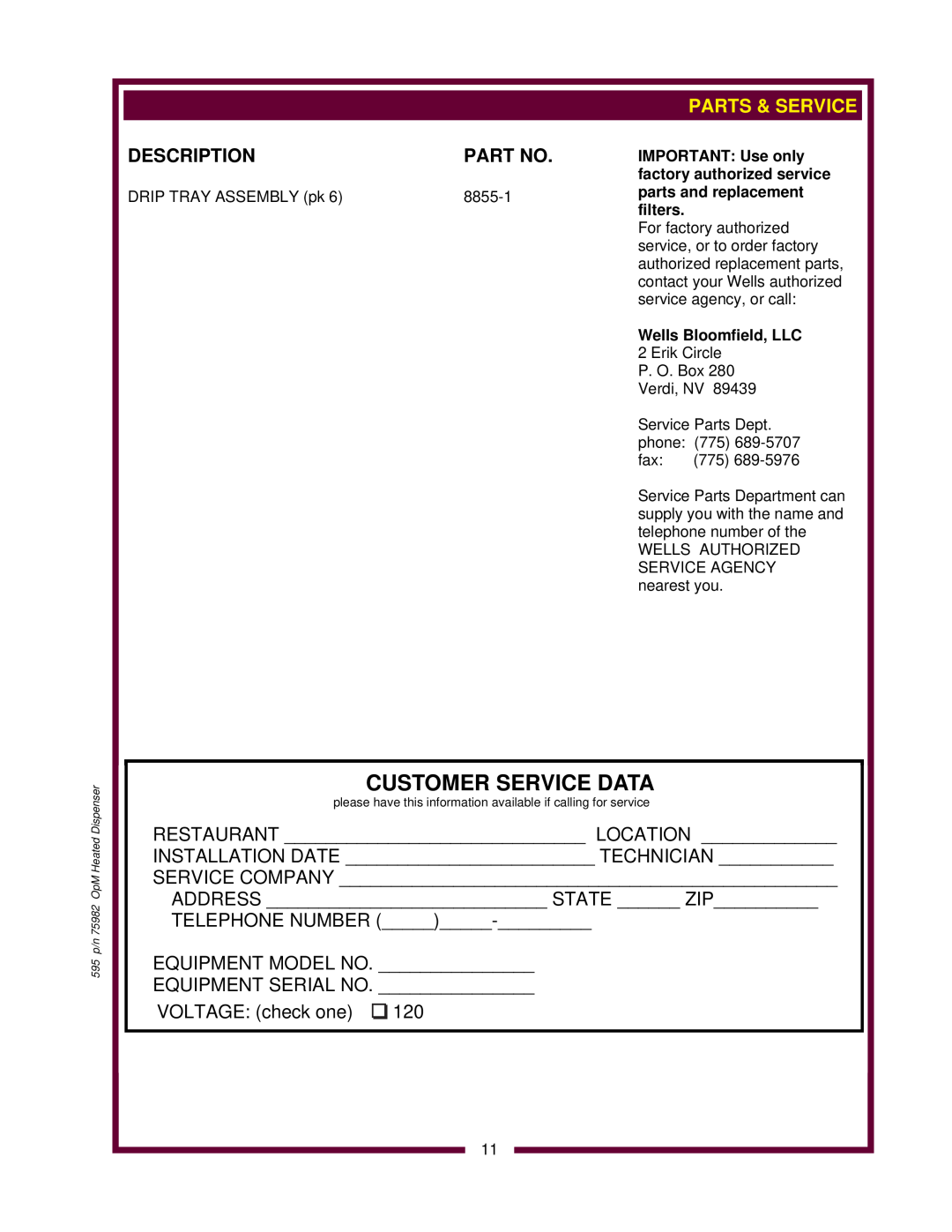 Wells HD8802, HD8799 owner manual Description, Parts & Service 