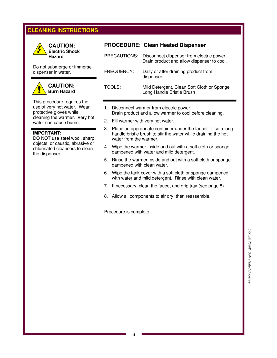 Wells HD8799, HD8802 owner manual Cleaning Instructions, PROCEDURE Clean Heated Dispenser 