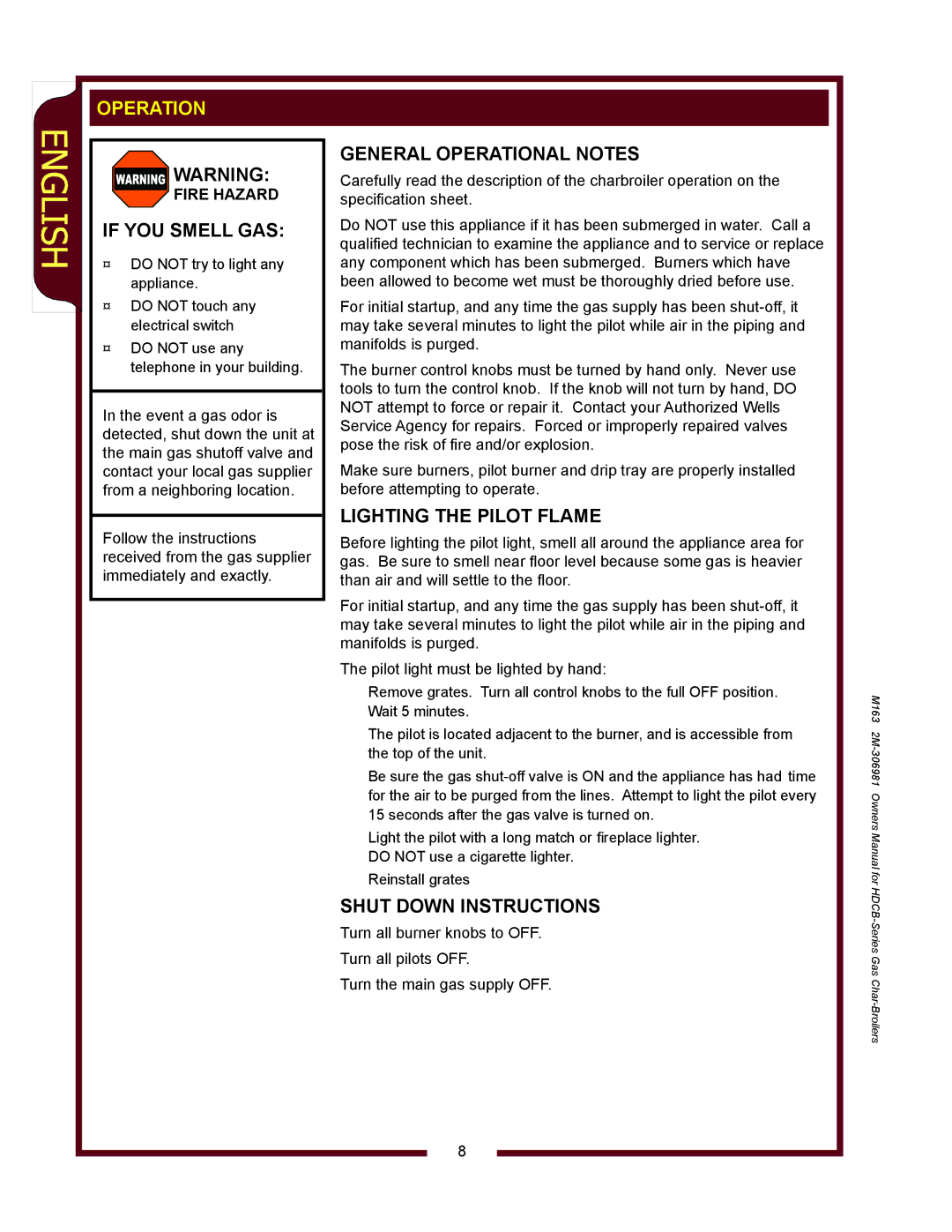 Wells HDCB1230G If YOU Smell GAS, General Operational Notes, Lighting the Pilot Flame, Shut Down Instructions 