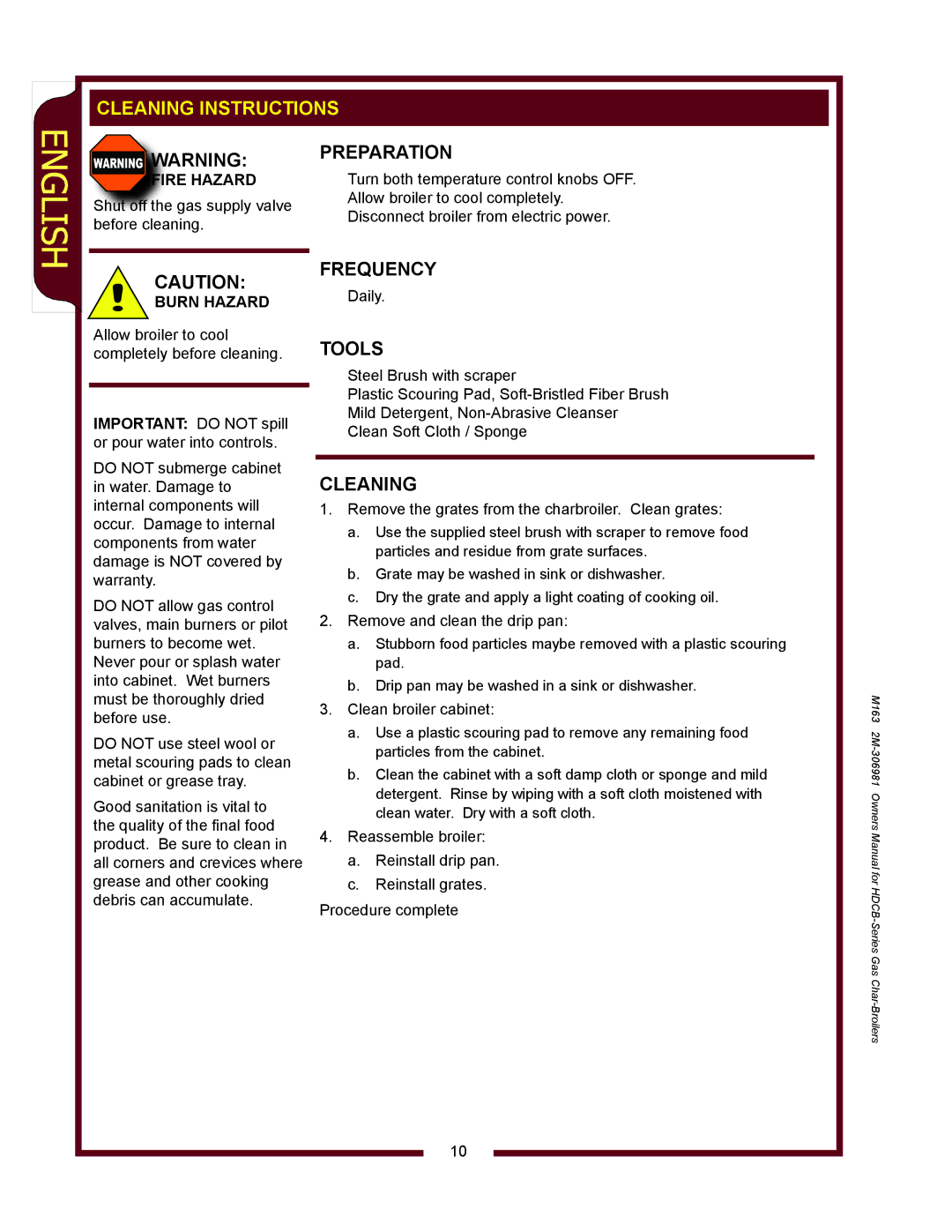 Wells HDCB3630G, HDCB2430G, HDCB1230G, HDCB4830G owner manual Cleaning Instructions, Preparation, Frequency, Tools 