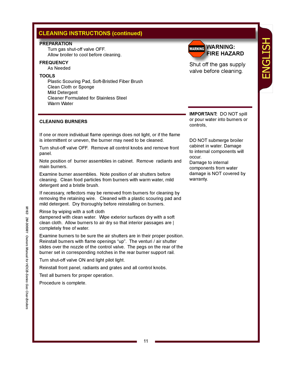 Wells HDCB2430G, HDCB3630G, HDCB1230G, HDCB4830G owner manual Preparation, Frequency, Tools, Cleaning Burners 