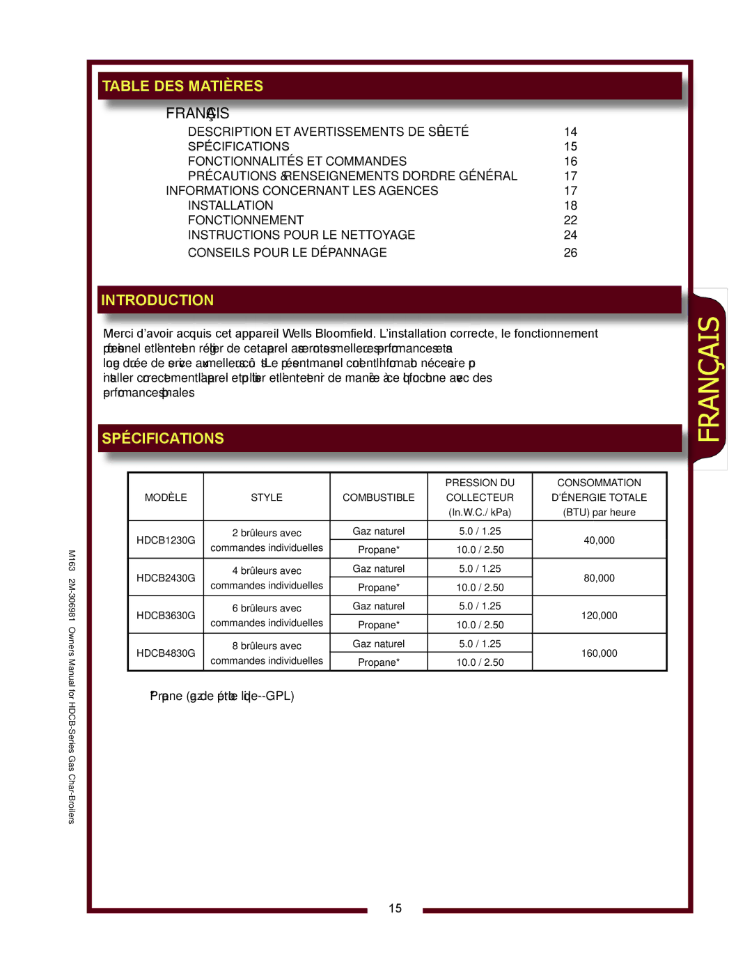 Wells HDCB4830G, HDCB3630G, HDCB2430G, HDCB1230G owner manual Table DES Matières, Introduction, Spécifications 