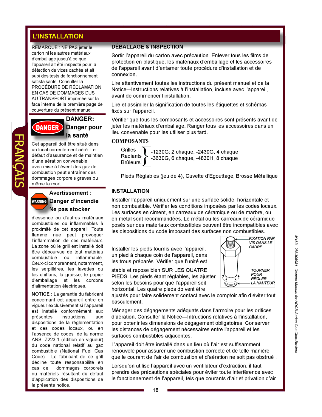 Wells HDCB1230G, HDCB3630G, HDCB2430G, HDCB4830G owner manual ’Installation, Déballage & Inspection 