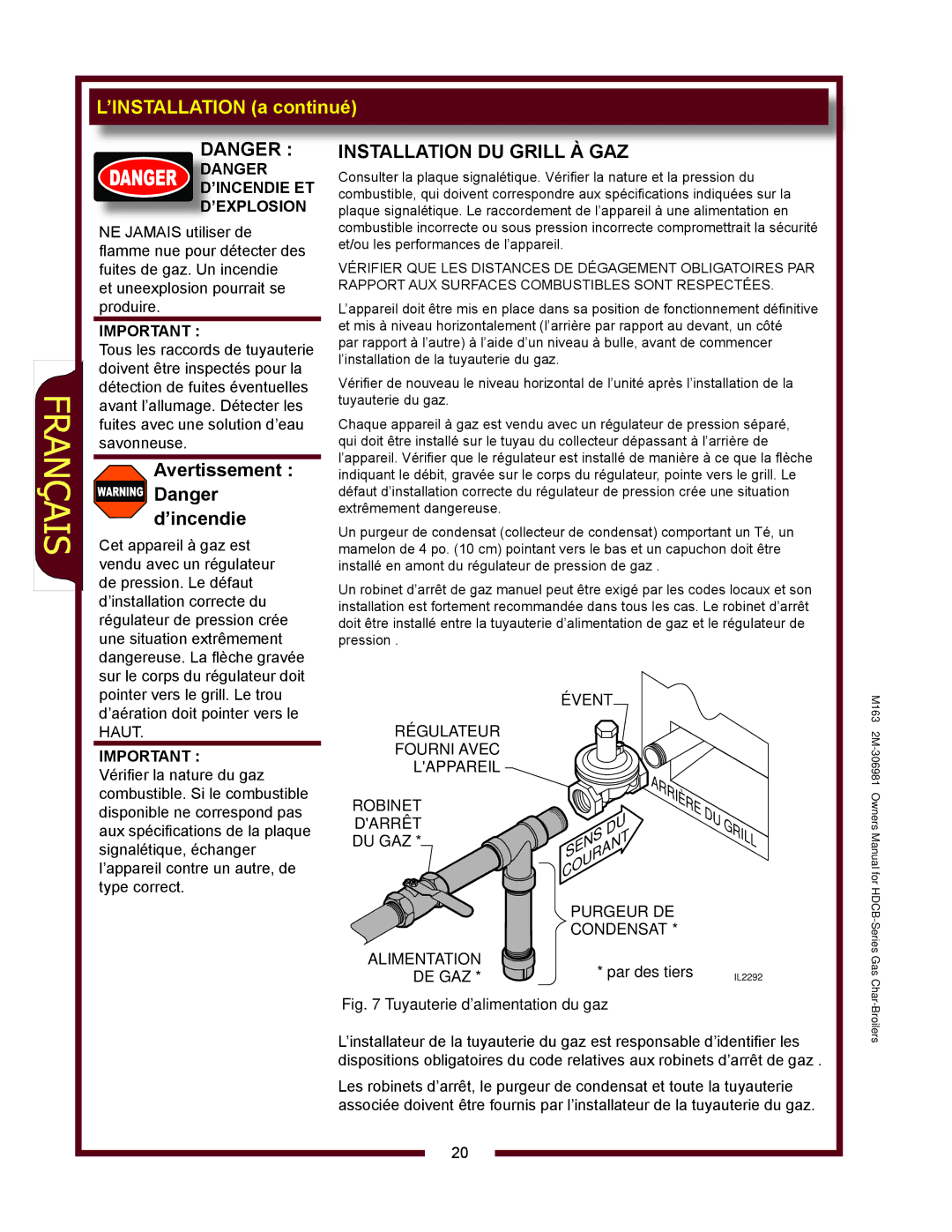 Wells HDCB3630G, HDCB2430G, HDCB1230G, HDCB4830G owner manual Avertissement ’incendie, Installation DU Grill À GAZ 