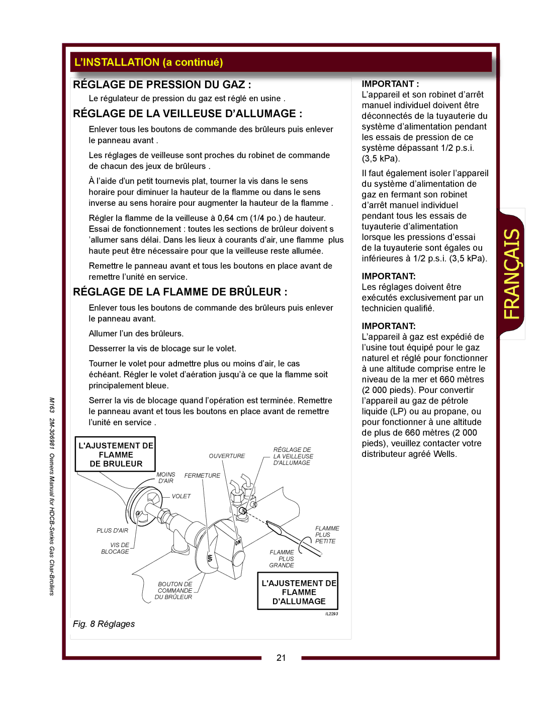 Wells HDCB2430G, HDCB3630G Réglage DE Pression DU GAZ, Réglage DE LA Veilleuse D’ALLUMAGE, Réglage DE LA Flamme DE Brûleur 