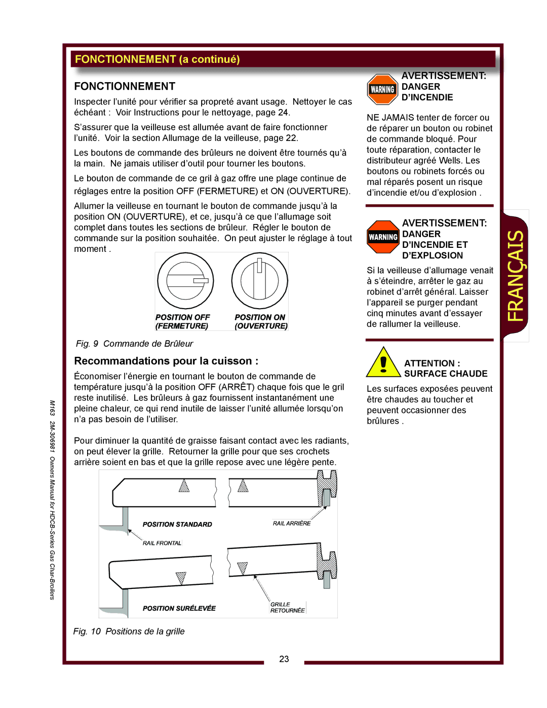 Wells HDCB4830G, HDCB3630G, HDCB2430G, HDCB1230G owner manual Fonctionnement, Recommandations pour la cuisson 