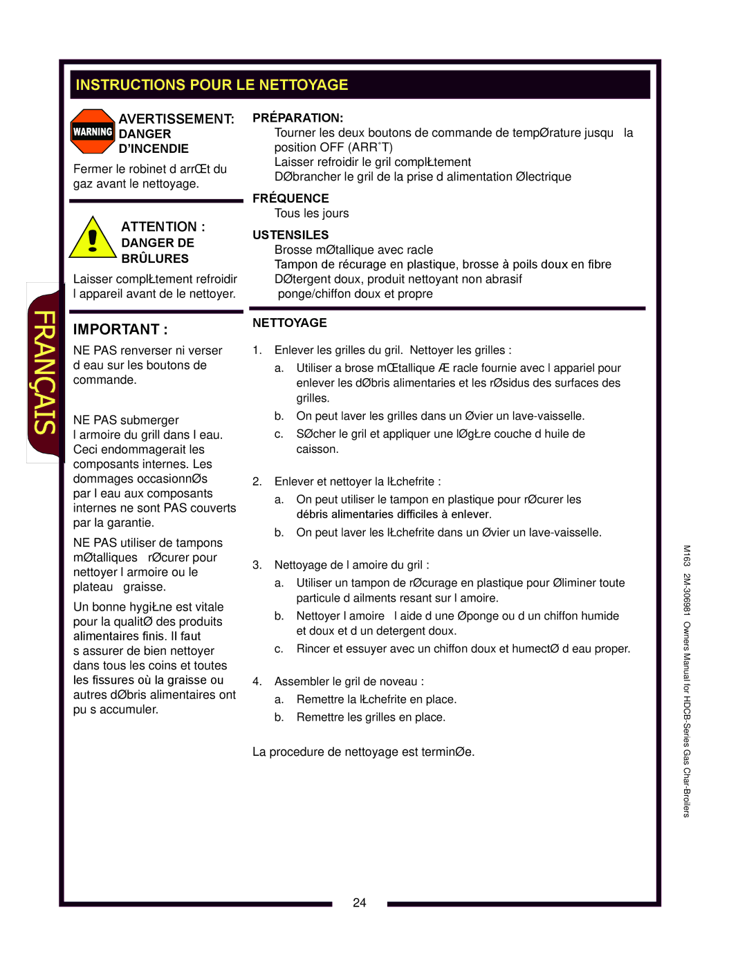 Wells HDCB3630G, HDCB2430G, HDCB1230G, HDCB4830G owner manual Instructions Pour LE Nettoyage 