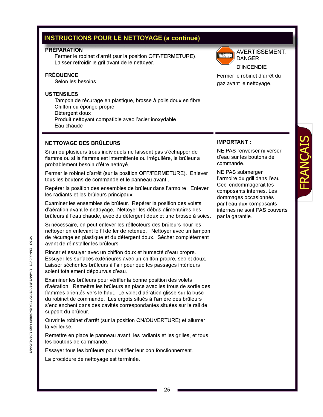 Wells HDCB2430G, HDCB3630G, HDCB1230G, HDCB4830G Instructions Pour LE Nettoyage a continué, Nettoyage DES Brûleurs 