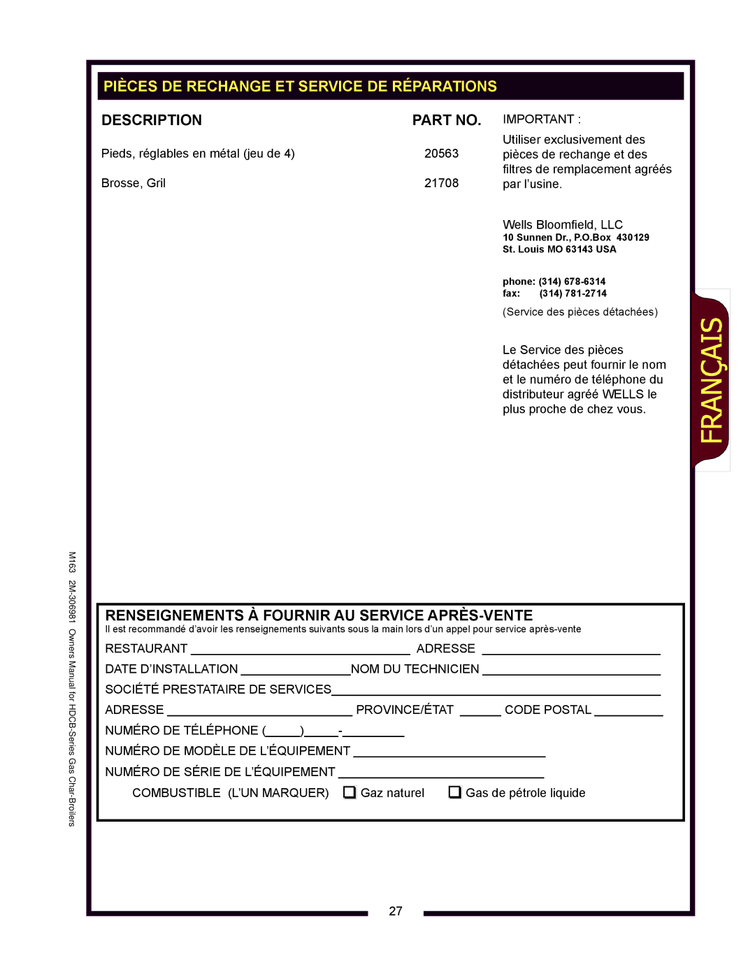 Wells HDCB4830G, HDCB3630G Pièces DE Rechange ET Service DE Réparations, Renseignements À Fournir AU Service APRÈS-VENTE 