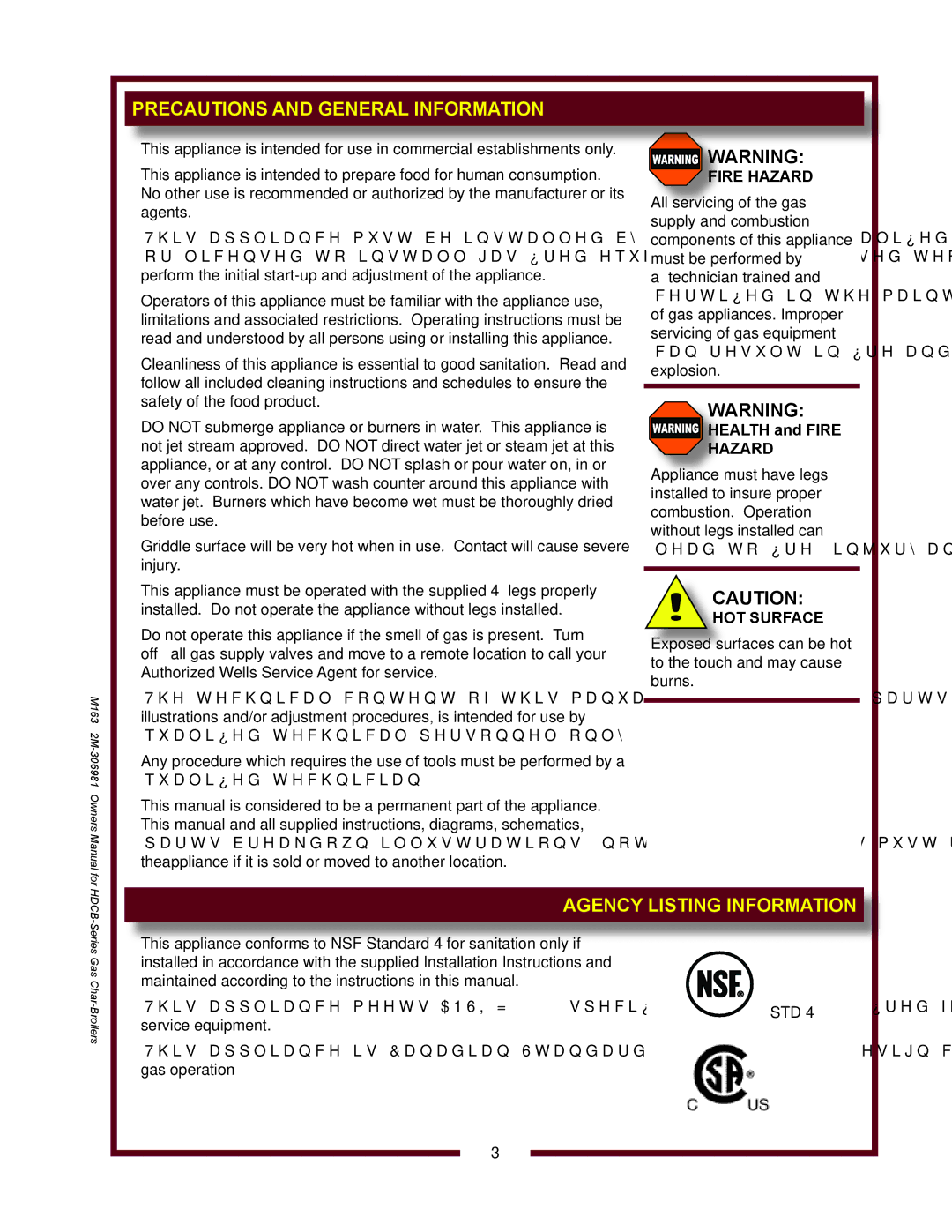 Wells HDCB2430G, HDCB3630G, HDCB1230G, HDCB4830G Precautions and General Information, Agency Listing Information, Hazard 