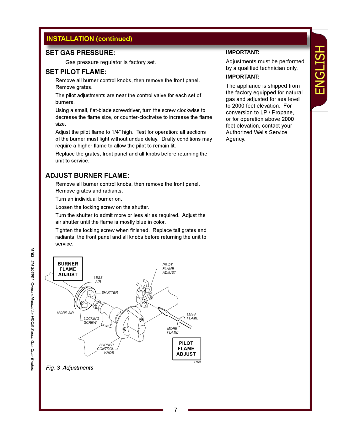 Wells HDCB2430G, HDCB3630G, HDCB1230G, HDCB4830G owner manual SET GAS Pressure, SET Pilot Flame, Adjust Burner Flame 