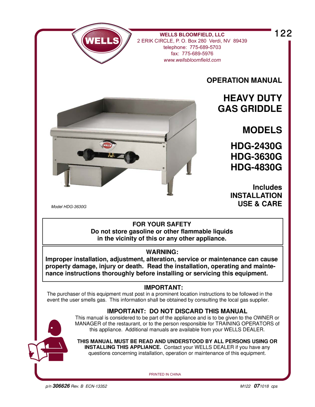 Wells HDG-4830G, HDG-3630G, HDG-2430G operation manual Heavy Duty GAS Griddle Models, Important do not Discard this Manual 